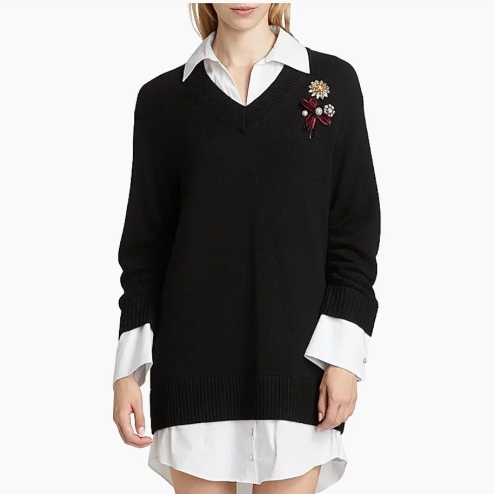 NWT$445 Cinq à Sept Santina Brooch Black White Sweater Minidress Sz XXS